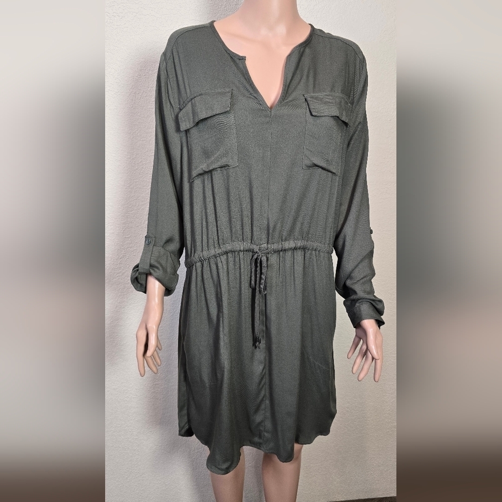 Gap Green long sleeve button up tie waist shirt dress casual Size Large - Picture 12 of 14